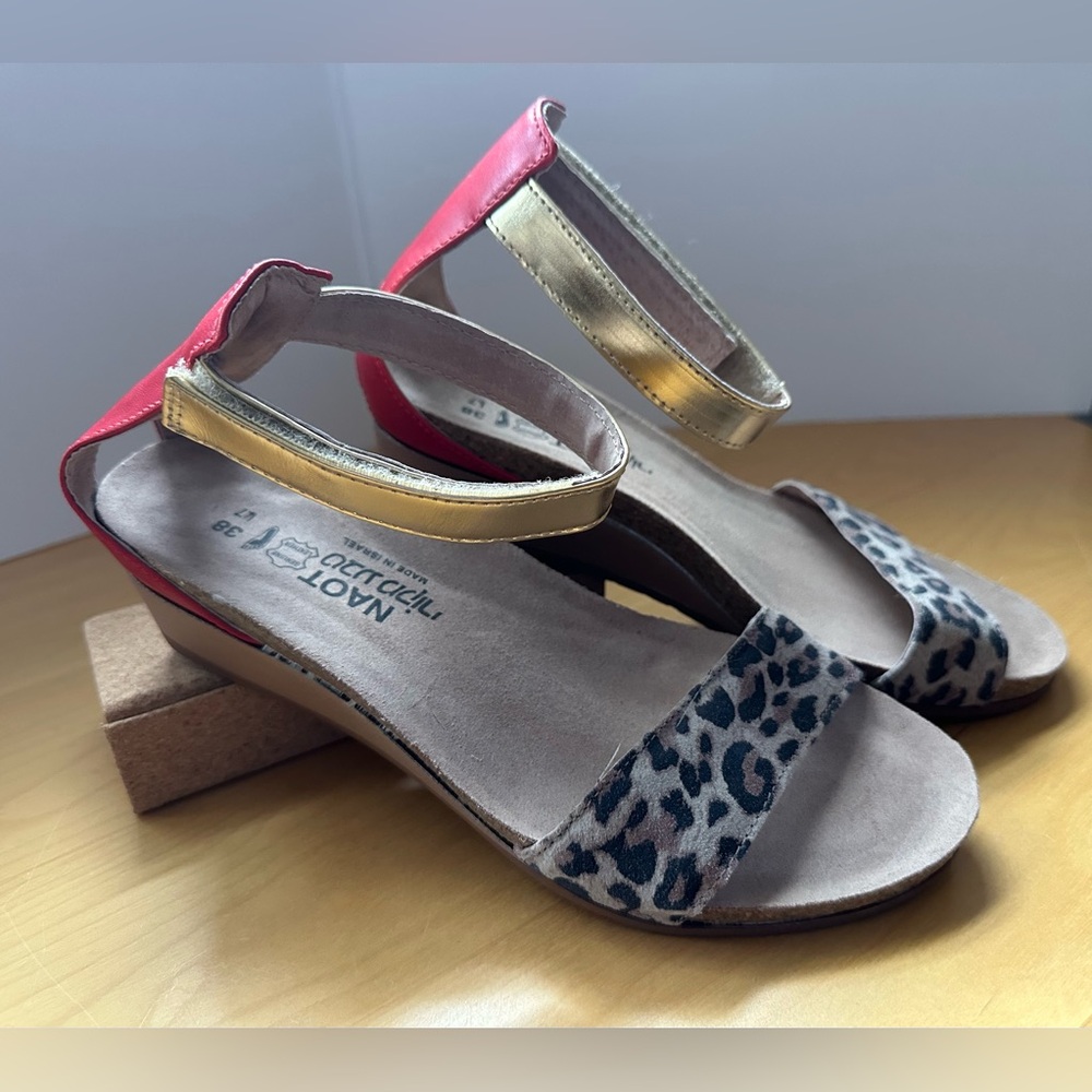 Naot Leopard Print Pixie Sandals with Red Back and Gold Straps
